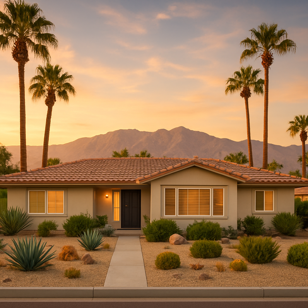 Beautiful Coachella Valley home exterior with desert landscape